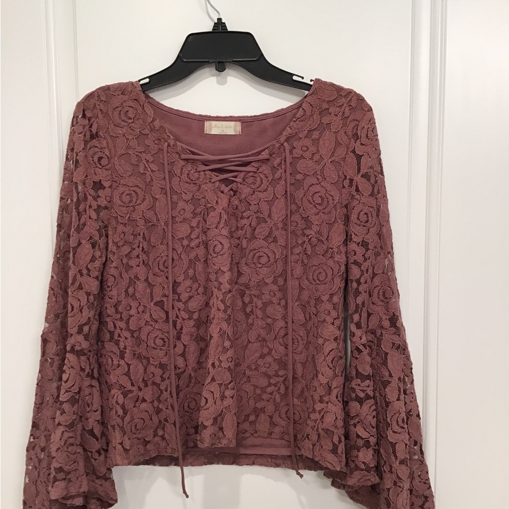 Altar'd State Pink Cropped Tie Front Blouse with 3/4 Sleeves